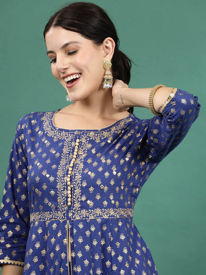 Dhiyona SN Women's Blue Floral Embroidered Pure Cotton A-Line Kurta & Trousers With Dupatta