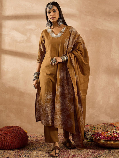 Dhiyona IE Women Floral Embroidered Regular Sequinned Pure Cotton Kurta with Trousers & With Dupatta