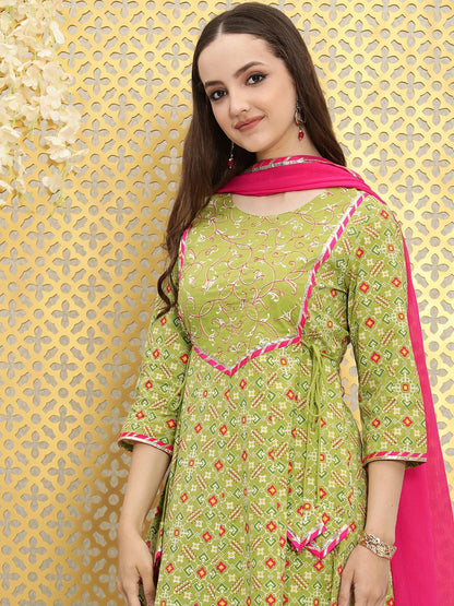 Dhiyona OD  Women Green Ethnic Motifs Printed Panelled Pure Cotton Kurta with Trousers & With
