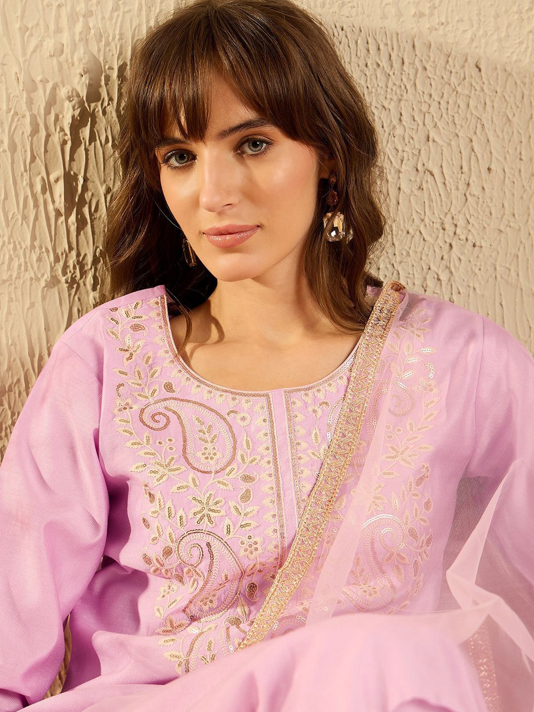 Women Ethnic Motifs Embroidered Regular Thread Work Liva Kurta with Trousers & With Dupatta