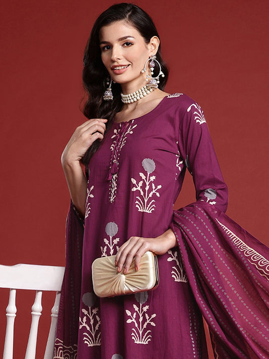 Dhiyona IE Floral Printed Pure Cotton Kurta With Trousers & Dupatta