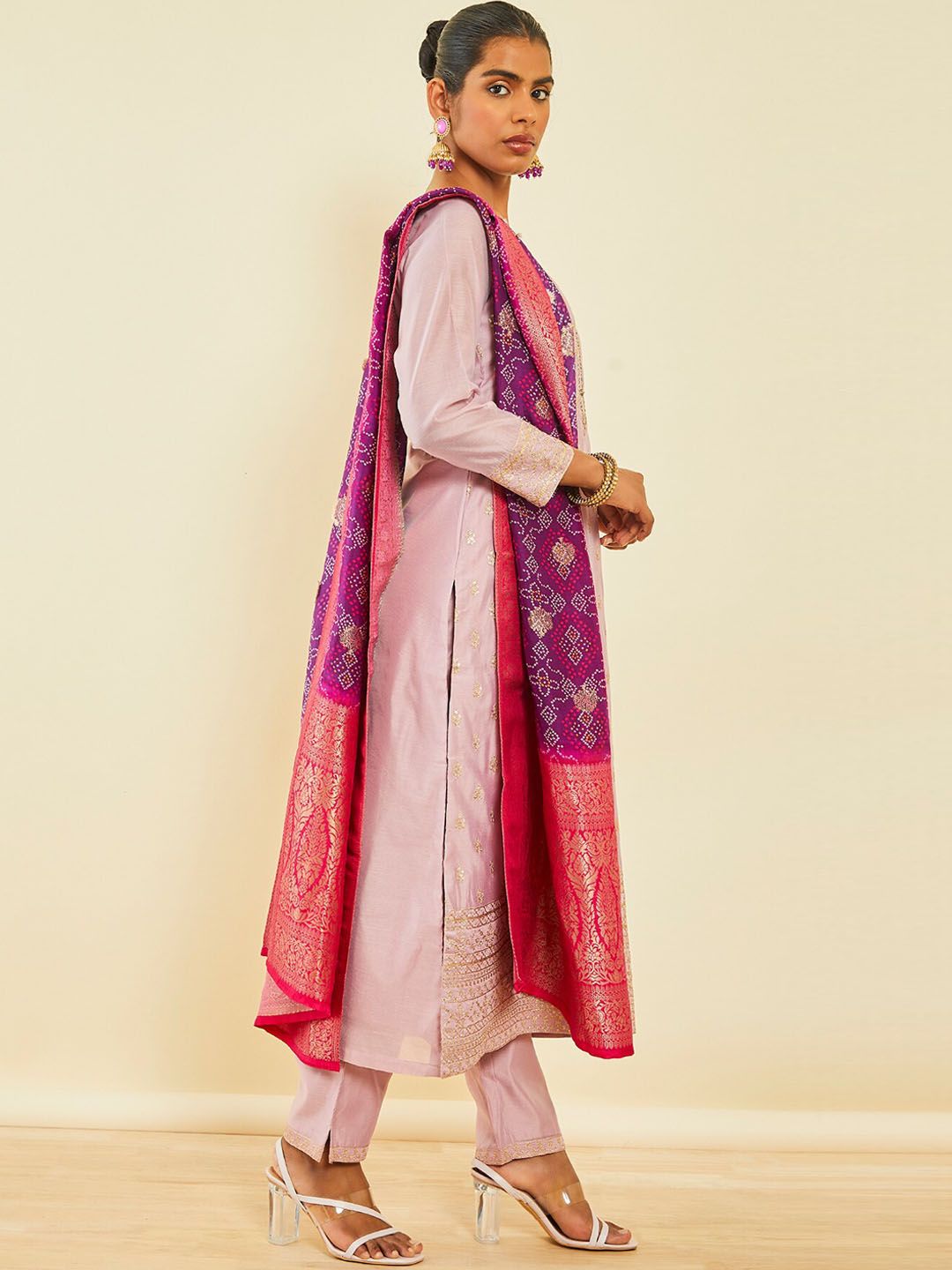 Dhiyona SO Women's Ethnic Motifs Embroidered Sequinned Detail Chanderi Silk Straight Kurta Set