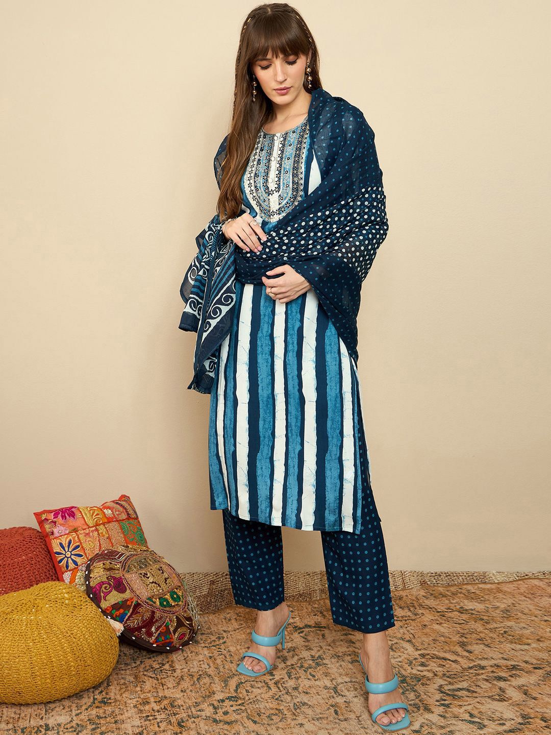 Striped Sequinned Straight Kurta With Trousers & Dupatta
