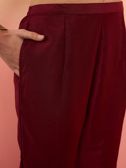 Women Maroon Floral Embroidered Regular Kurta with Trousers & Art Silk