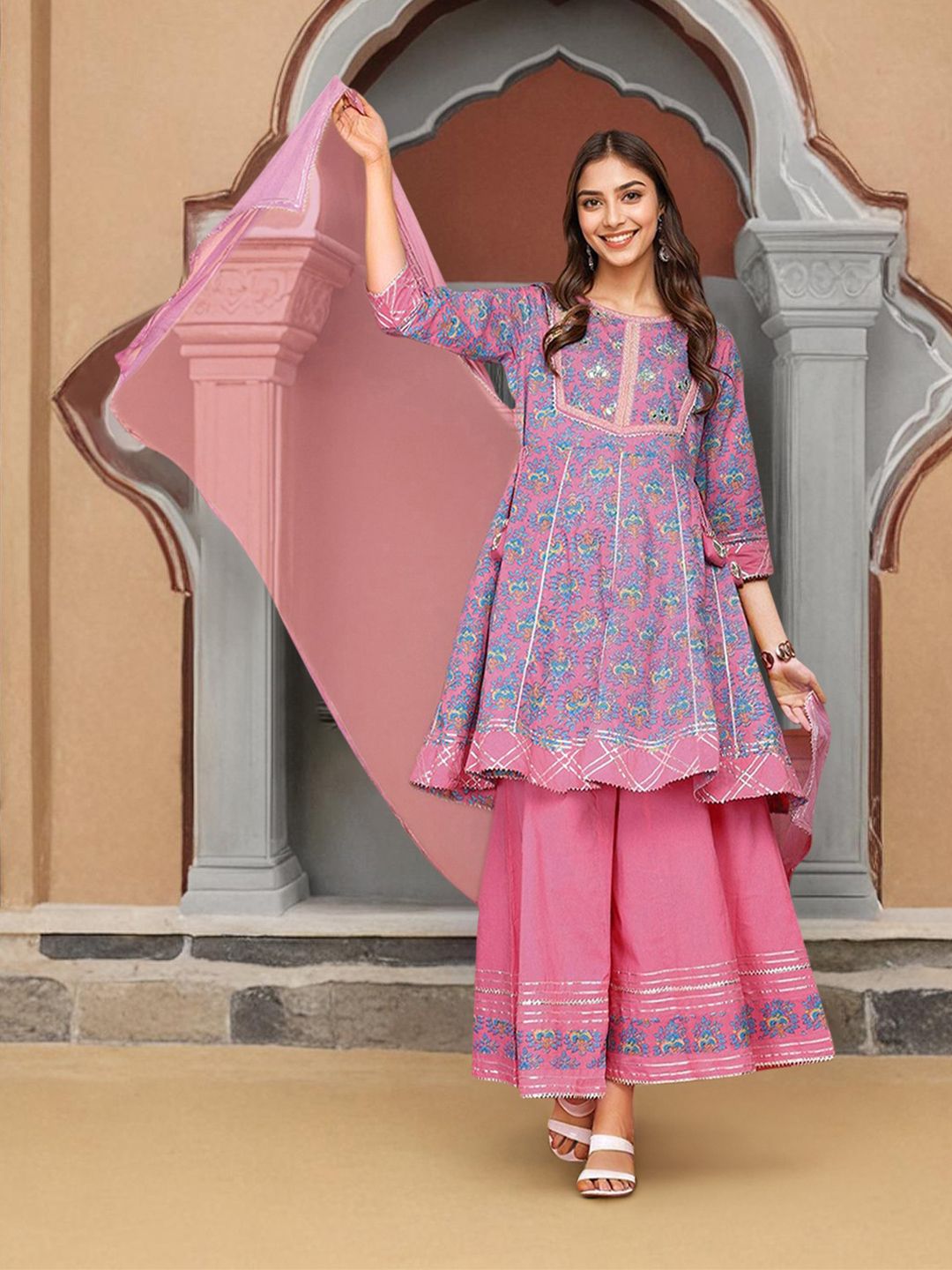 Dhiyona IS Women's Floral Printed Pure Cotton Anarkai Kurta with Sharara & Dupatta