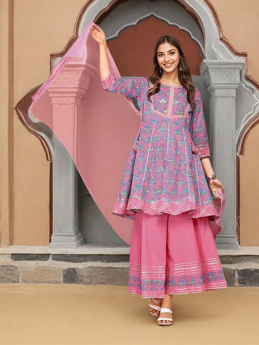 Dhiyona IS Women's Floral Printed Pure Cotton Anarkai Kurta with Sharara & Dupatta