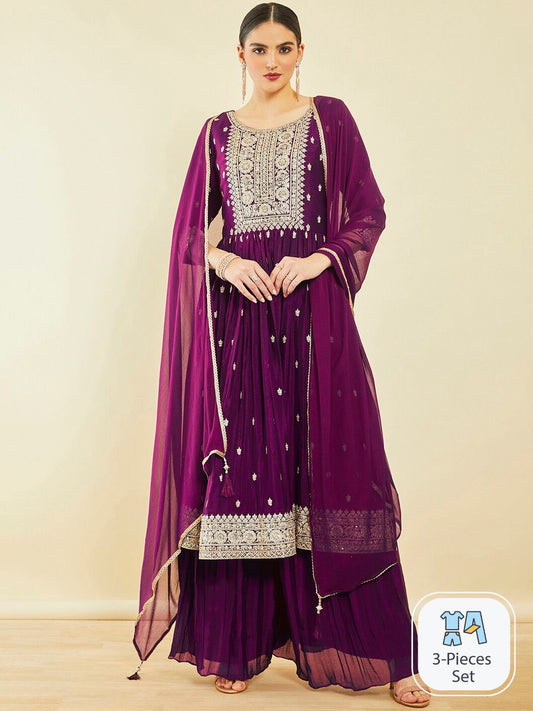 Dhiyona SO Women's Ethnic Motifs Embroidered Sequinned High Slit Kurta With Palazzos & Dupatta