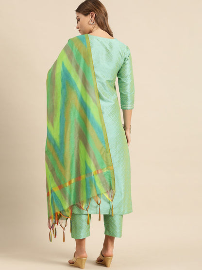 Dhiyona VA Women's Sea Green & Gold-Toned Embroidered Kurta with Trousers & Dupatta