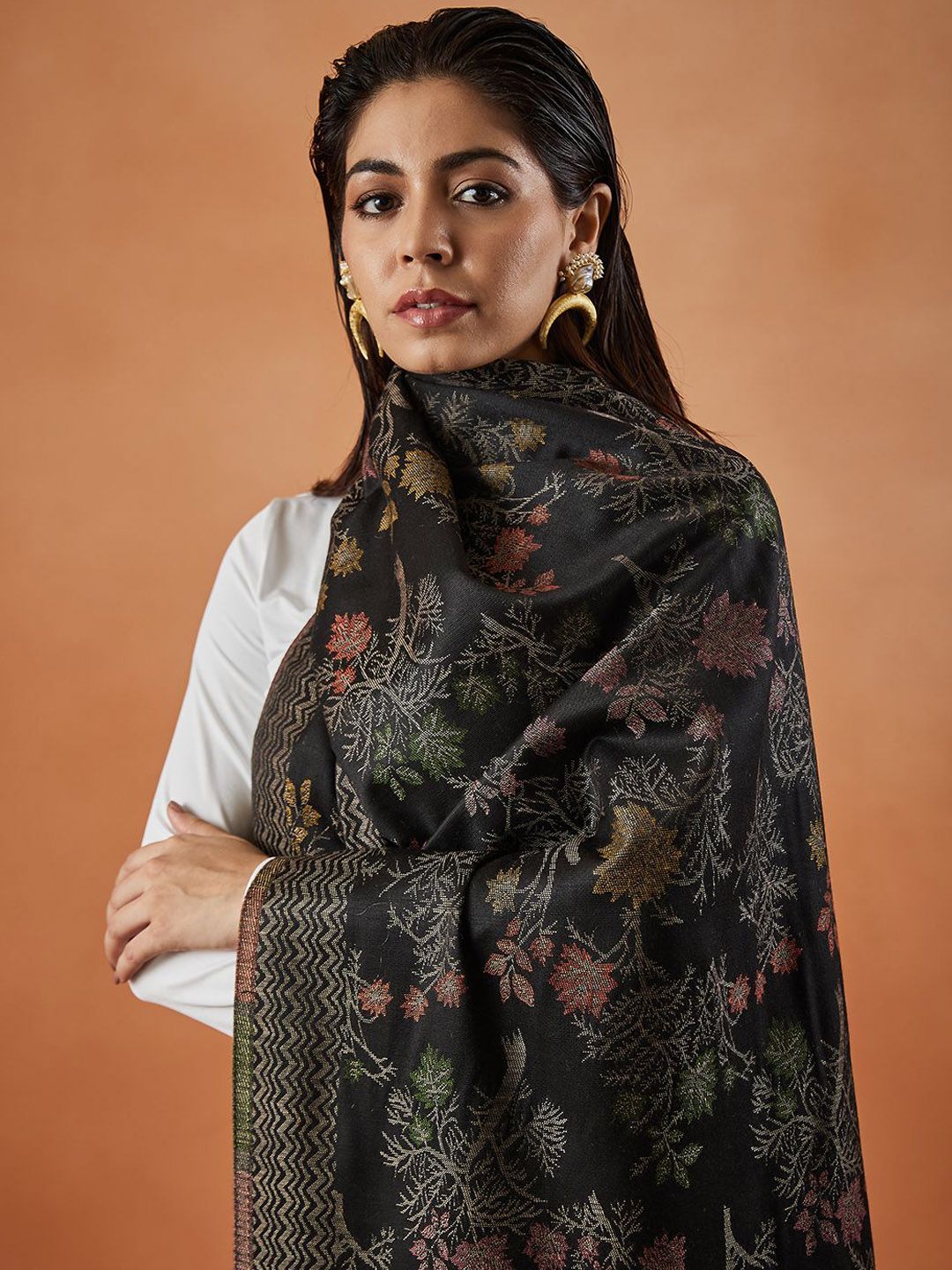 Dhiyona PA Floral Woven Design Fringed Shawl