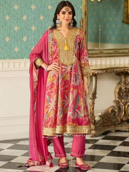 Floral Printed V-Neck Zari Anarkali Kurta & Trousers With Dupatta