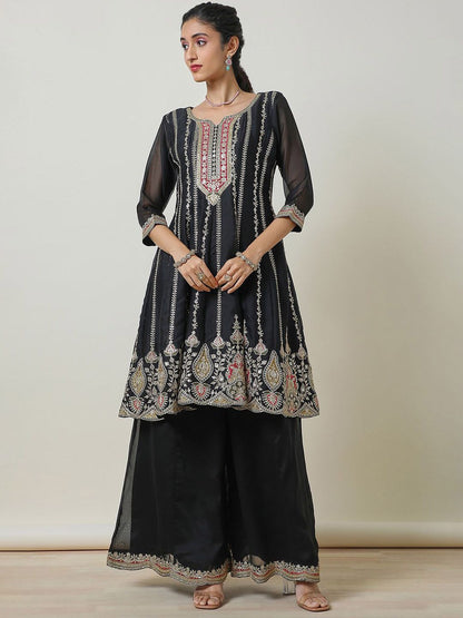 Dhiyona SO Women's Embroidered Sequinned Notch Neck Anarkali Kurta with Palazzos & Dupatta