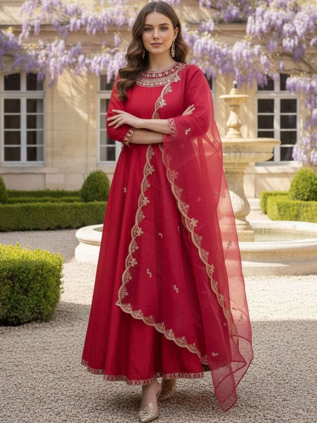 Floral Embroidered Zari Work Panelled Anarkali Kurta With Trouser & Dupatta