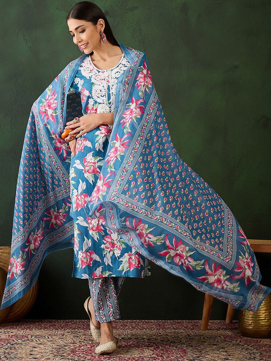 Dhiyona SN Women's Floral Embroidered Pure Cotton Straight Kurta With Trouser & Dupatta