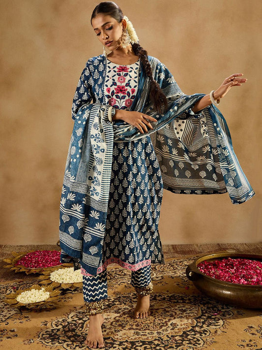 Dhiyona IE Ethnic Motifs Printed Thread Work Pure Cotton Kurta with Trousers & Dupatta