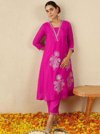 Floral Embroidered Square Neck Gotta Patti A-Line Kurta With Trousers