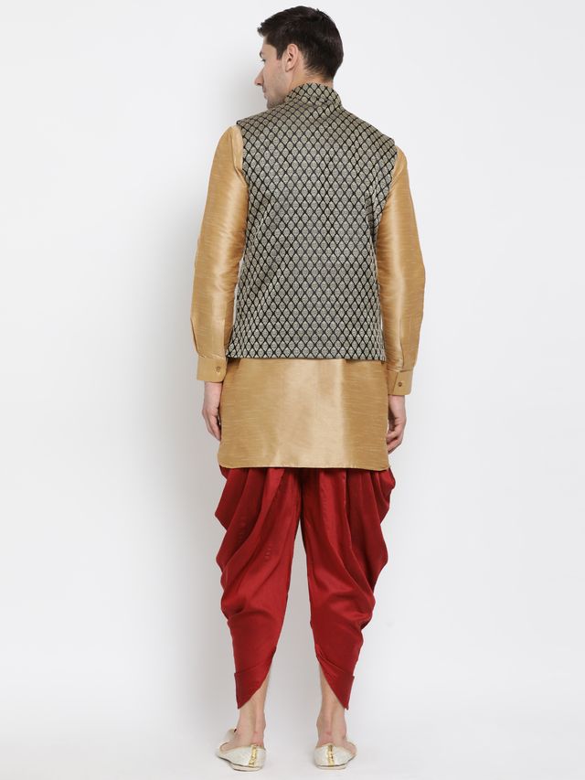 Men's Gold Silk Blend Straight Jacket  Kurta and Dhoti Set