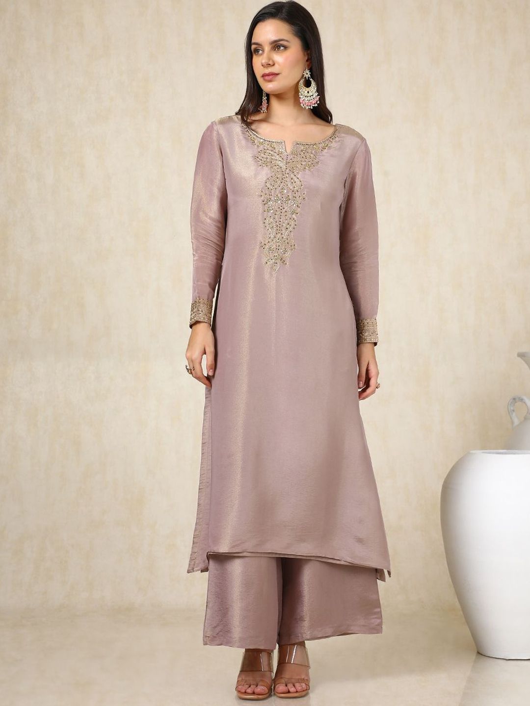 Dhiyona SO Women's Floral Embroidered Beads and Stones Straight Kurta with Palazzos & Dupatta