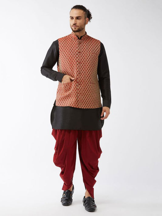 Men's Black Silk Blend Straight Jacket  Kurta and Dhoti Set