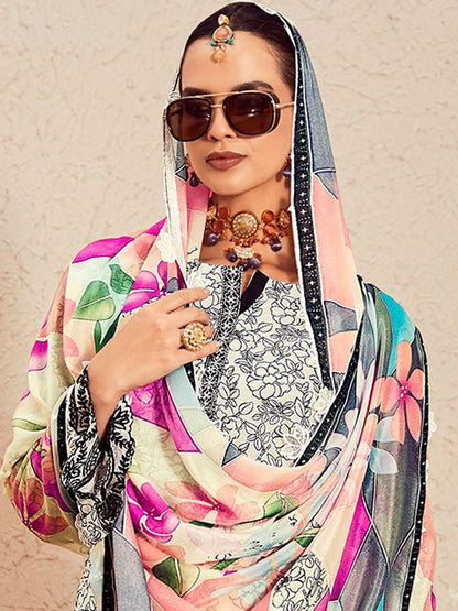 Women Floral Printed Regular Thread Work Kurta with Trousers & With Dupatta