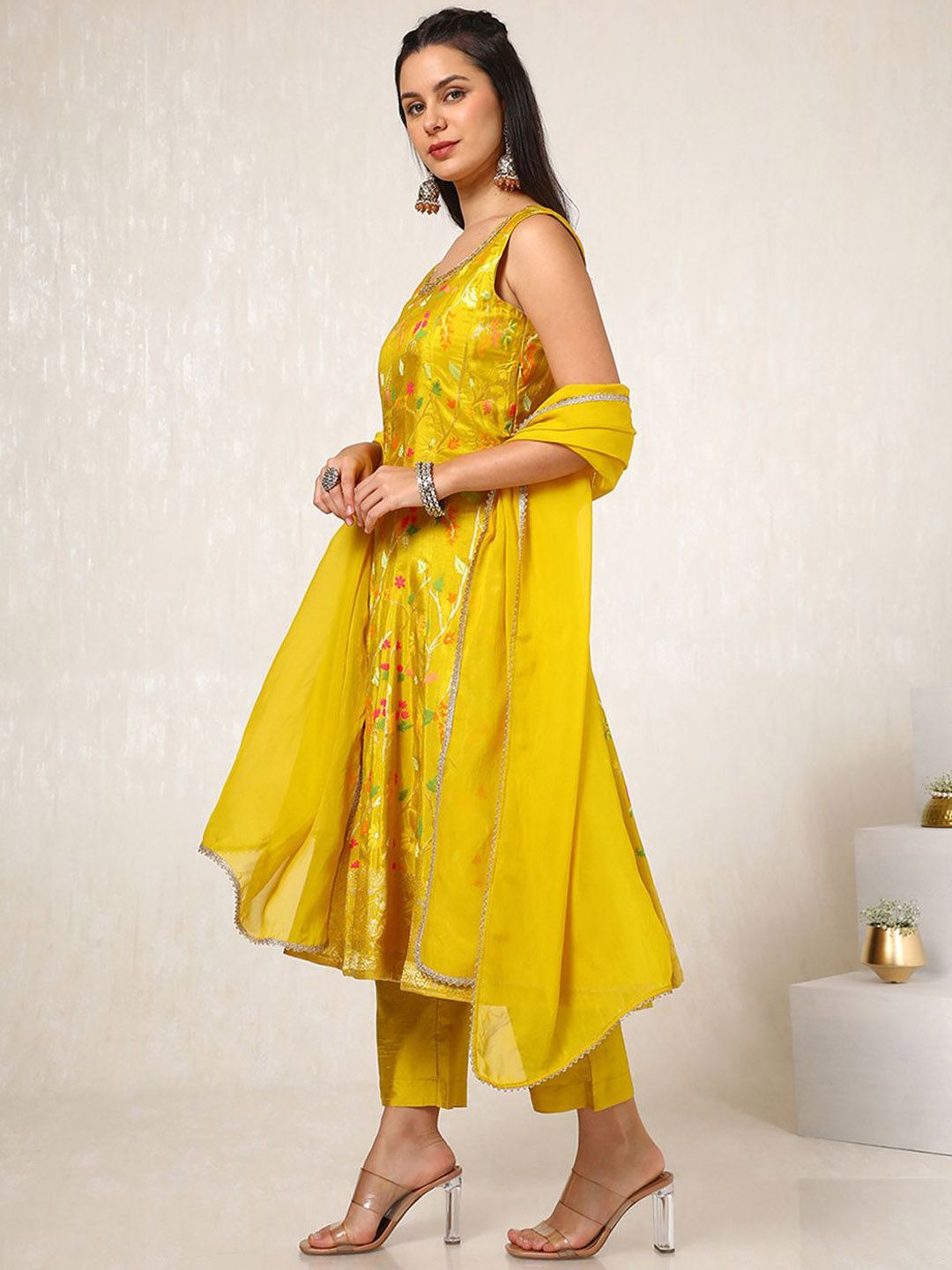 Dhiyona SO Women's Floral Woven Design Round Neck Panelled Beads Work Organza Kurta & Trouser & Dupatta