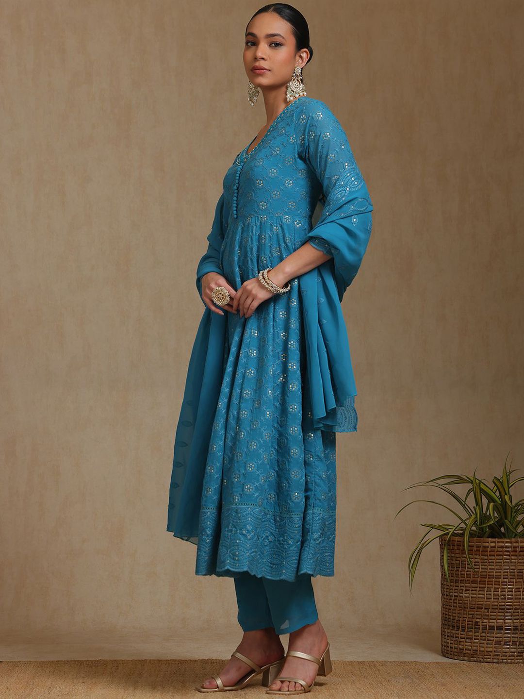 Dhiyona SO Women's Floral Embroidered V-Neck Sequinned Georgette A-Line Kurta With Trousers & Dupatta