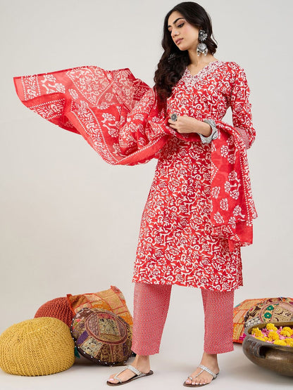 Dhiyona IE Floral Printed Thread Work Straight Kurta with Trousers & Dupatta