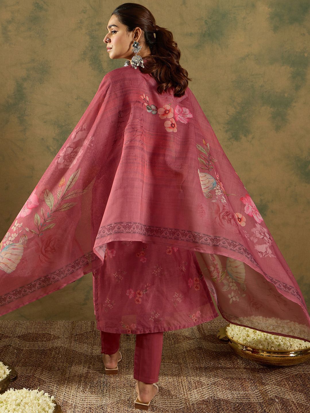 Floral Printed Thread Work Chanderi Silk Straight Kurta with Trouser & Dupatta