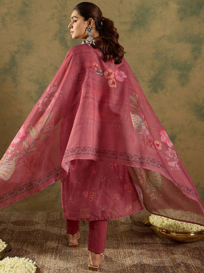 Floral Printed Thread Work Chanderi Silk Straight Kurta with Trouser & Dupatta