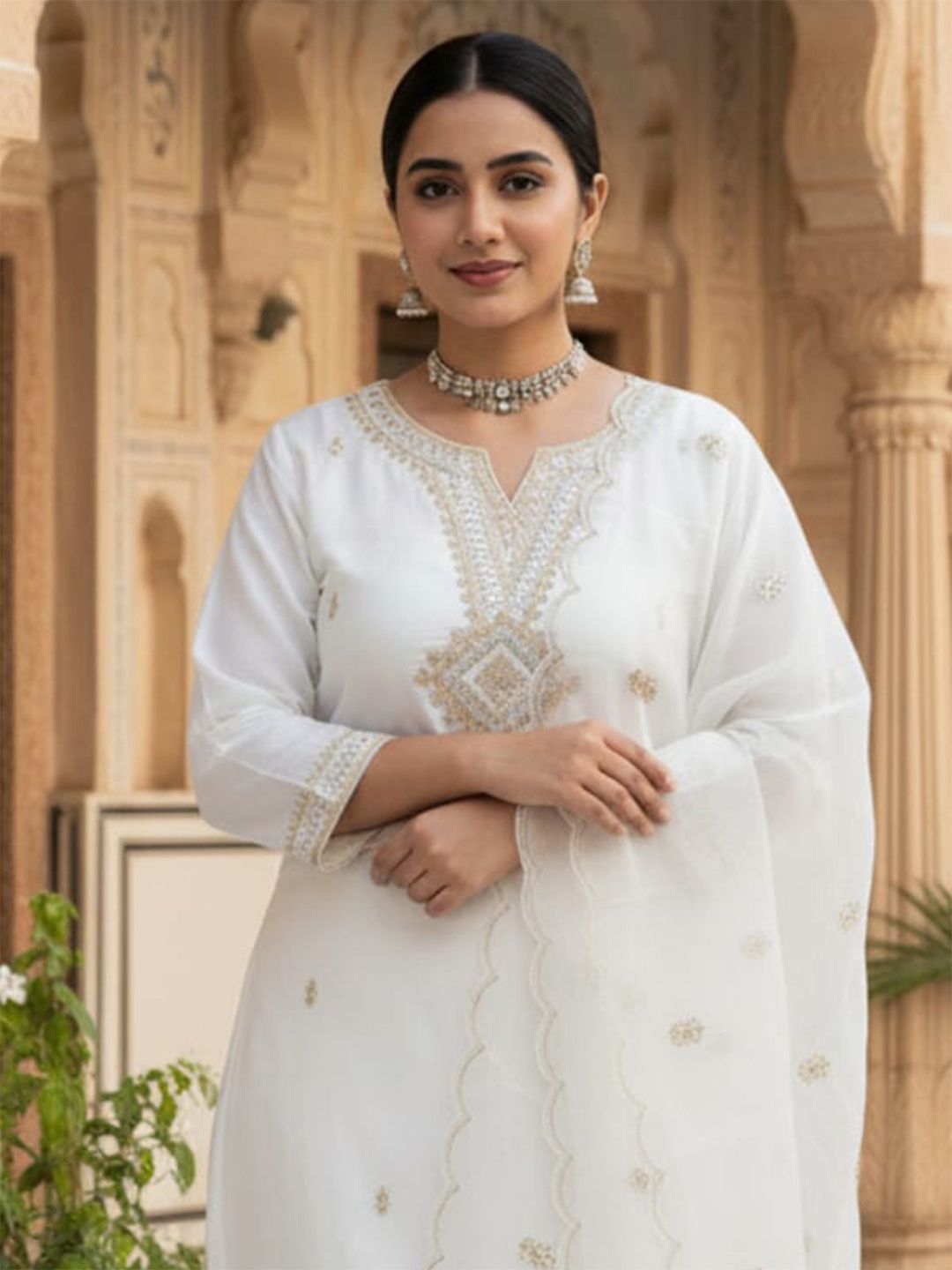 Dhiyona IE Floral Embroidered Notch Neck Sequinned Straight Kurta With Trousers & Dupatta