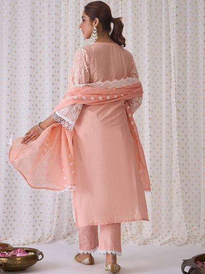 Floral Embroidered Pure Cotton Straight Kurta With Trousers & Dupatta