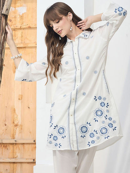 Dhiyona IE Floral Embroidered Pure Cotton Shirt Collar Tunic With Trousers