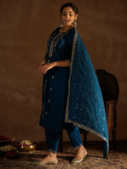 Women's Teal Embroidered Straight Kurta Trousers With Dupatta set