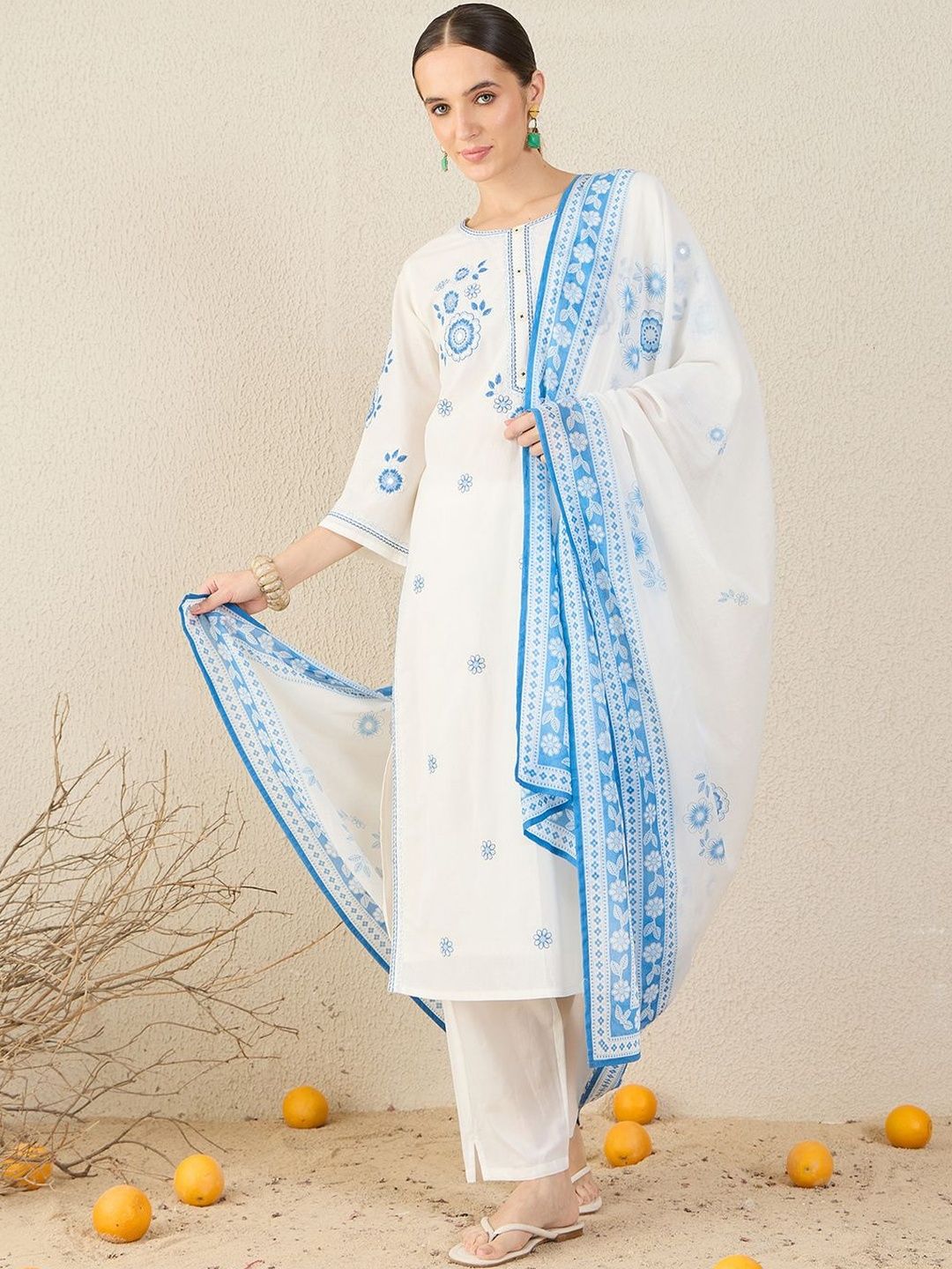 Dhiyona IE Women Ethnic Motifs Embroidered Regular Pure Cotton Kurta with Trousers & Dupatta