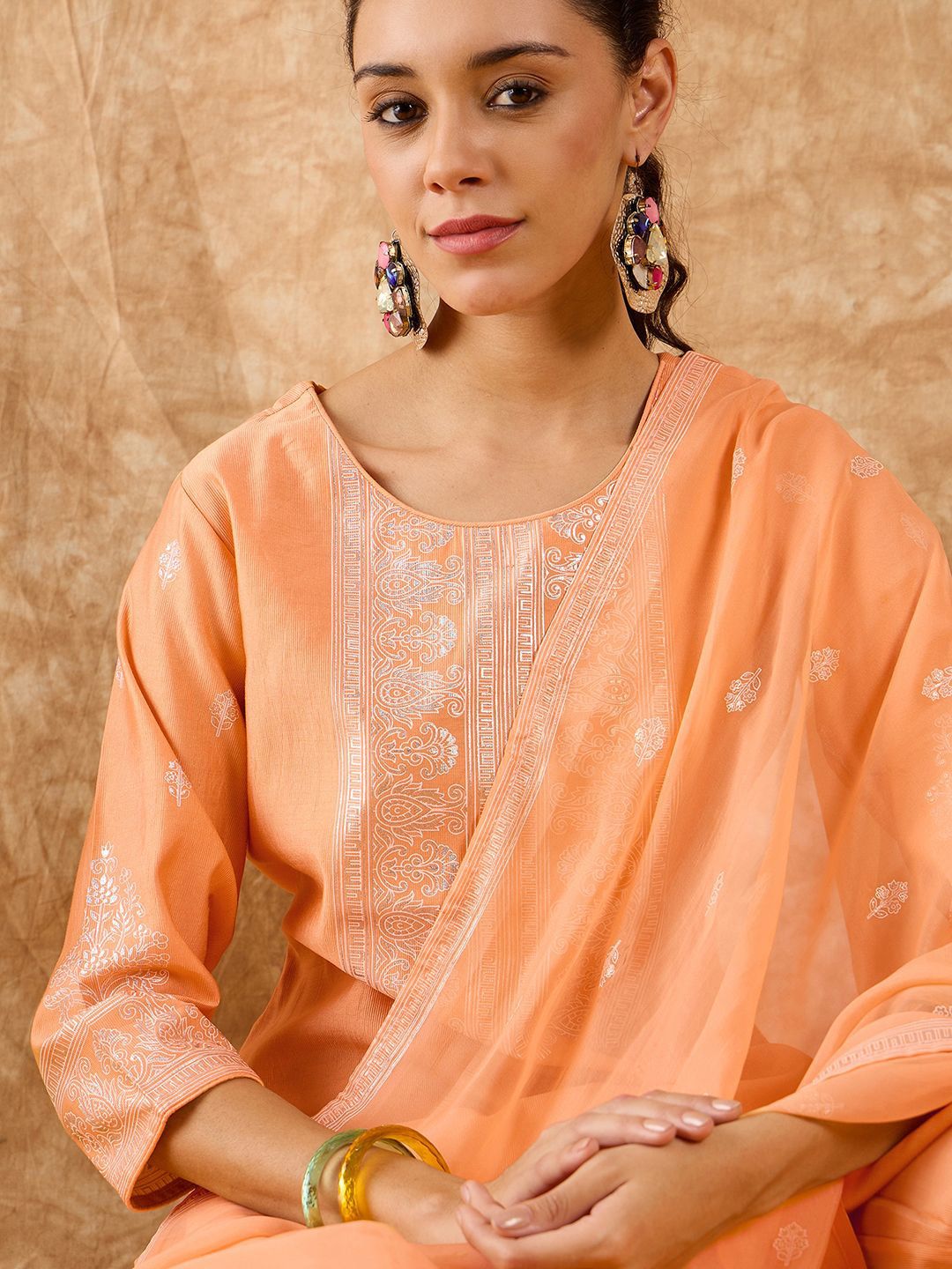 Dhiyona IE Ethnic Motifs Printed Straight Liva Kurta with Trousers & Dupatta
