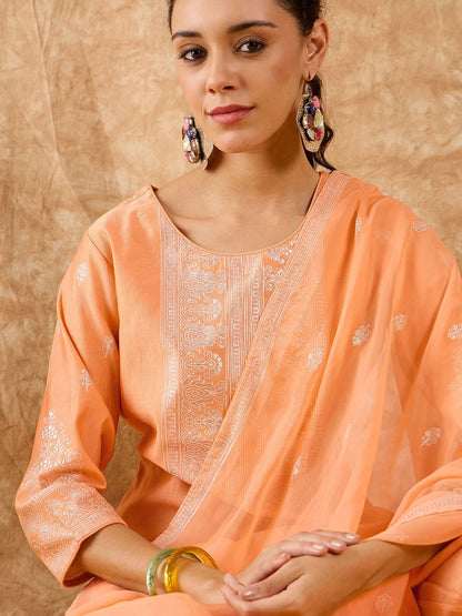 Ethnic Motifs Printed Straight Liva Kurta with Trousers & Dupatta