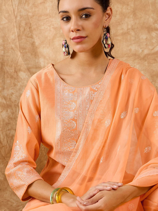Ethnic Motifs Printed Straight Liva Kurta with Trousers & Dupatta