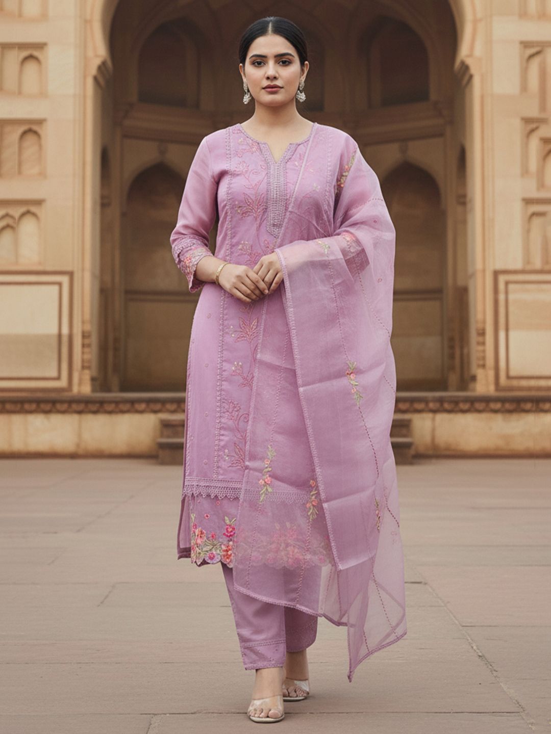 Dhiyona IE Women Floral Embroidered Regular Thread Work Kurta with Trousers & With Dupatta