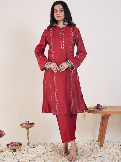 Ethnic Motifs Embroidered Mandarin Collar Thread Work Kurta With Trousers