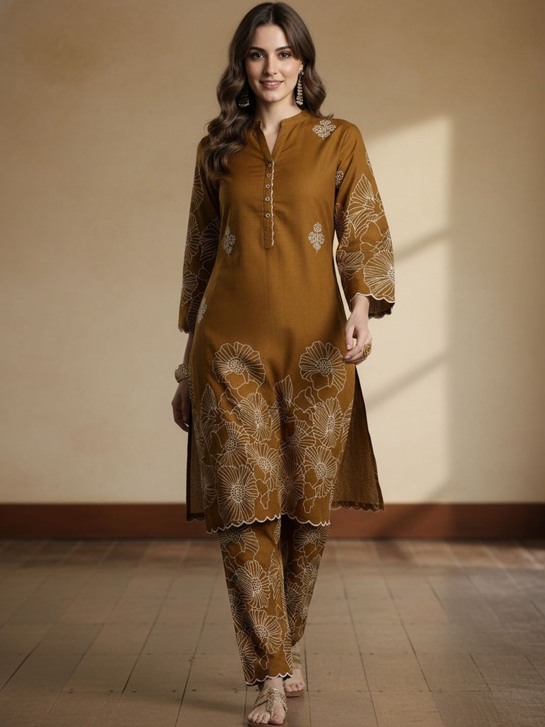 Dhiyona IE Floral Embroidered Regular Thread Work Pure Cotton Kurta With Trousers