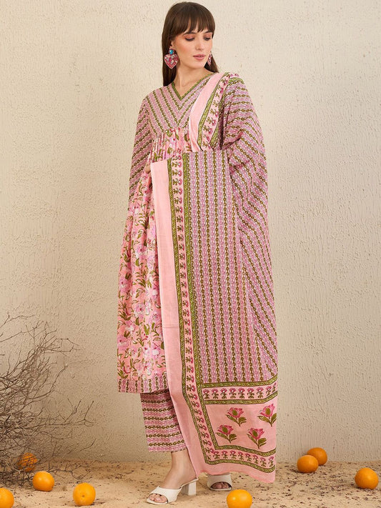 Dhiyona IE Floral Printed Empire Pure Cotton A-Line Kurta With Trousers & Dupatta