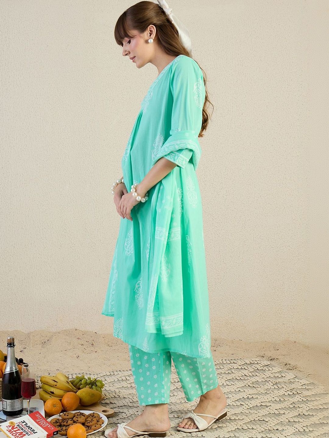 Women Ethnic Motifs Printed Regular Thread Work Pure Cotton Kurta with Trousers & With Dupatta