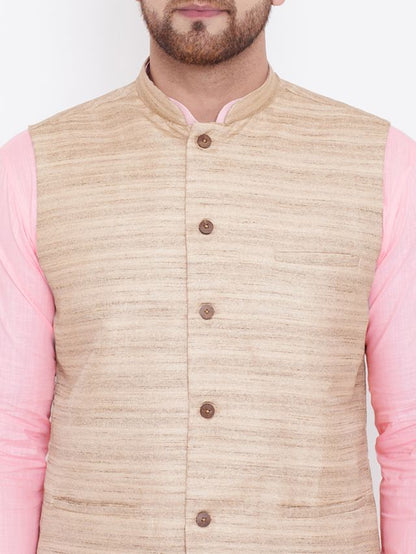 Men's Pink Cotton Blend Straight Jacket  Kurta and Pyjama Set