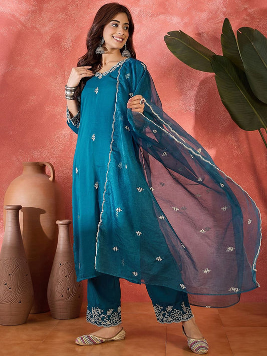 Dhiyona SN Women's Floral Embroidered Thread Work Straight Kurta With Trousers & Dupatta