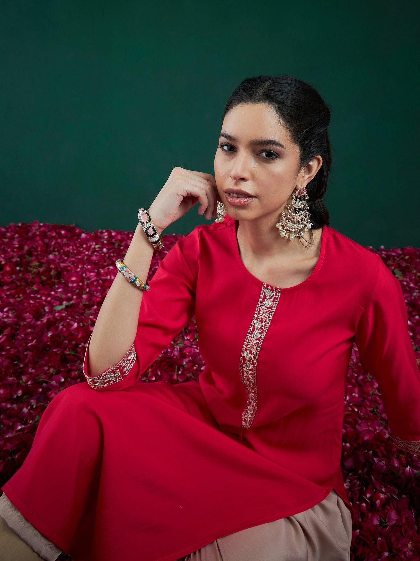 Dhiyona IE Women Floral Cold-Shoulder Sleeves Chanderi Silk Kurta