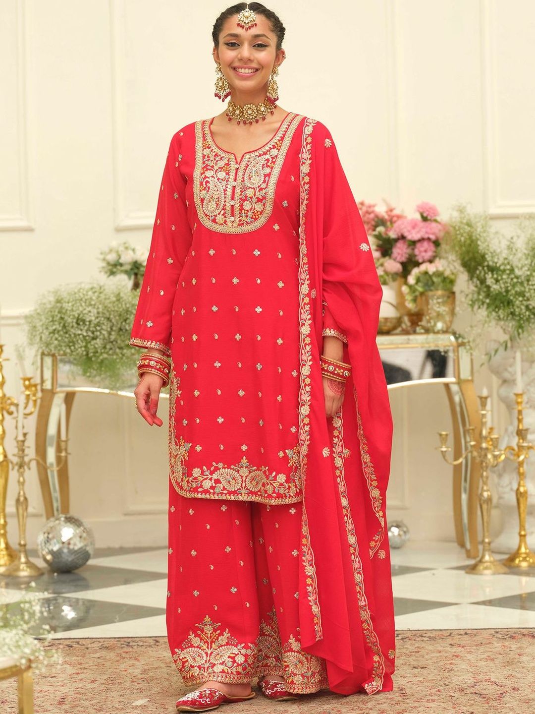 Paisley Embroidered Sweetheart Neck Straight Zari Kurta With Palazzos & Dupatta