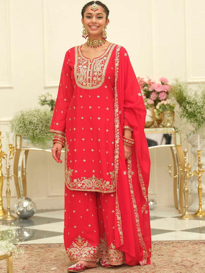 Paisley Embroidered Sweetheart Neck Straight Zari Kurta With Palazzos & Dupatta