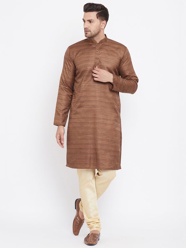 Men's Coffee Brown Silk Blend Straight Kurta Pyjama Set