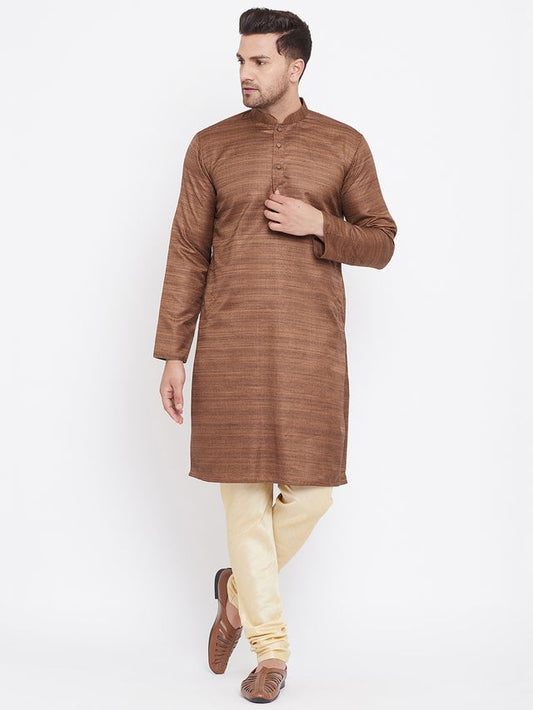Men's Coffee Brown Silk Blend Straight Kurta Pyjama Set