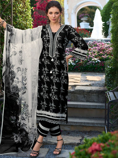 Women Floral Printed Regular Thread Work Pure Cotton Kurta with Trousers & With Dupatta