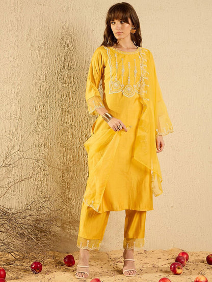 Women Floral Embroidered Regular Thread Work Liva Kurta with Trousers & With Dupatta